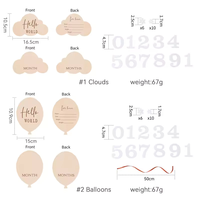 2Pcs Baby Wooden Balloon Milestone Cards Photography Props for Newborns