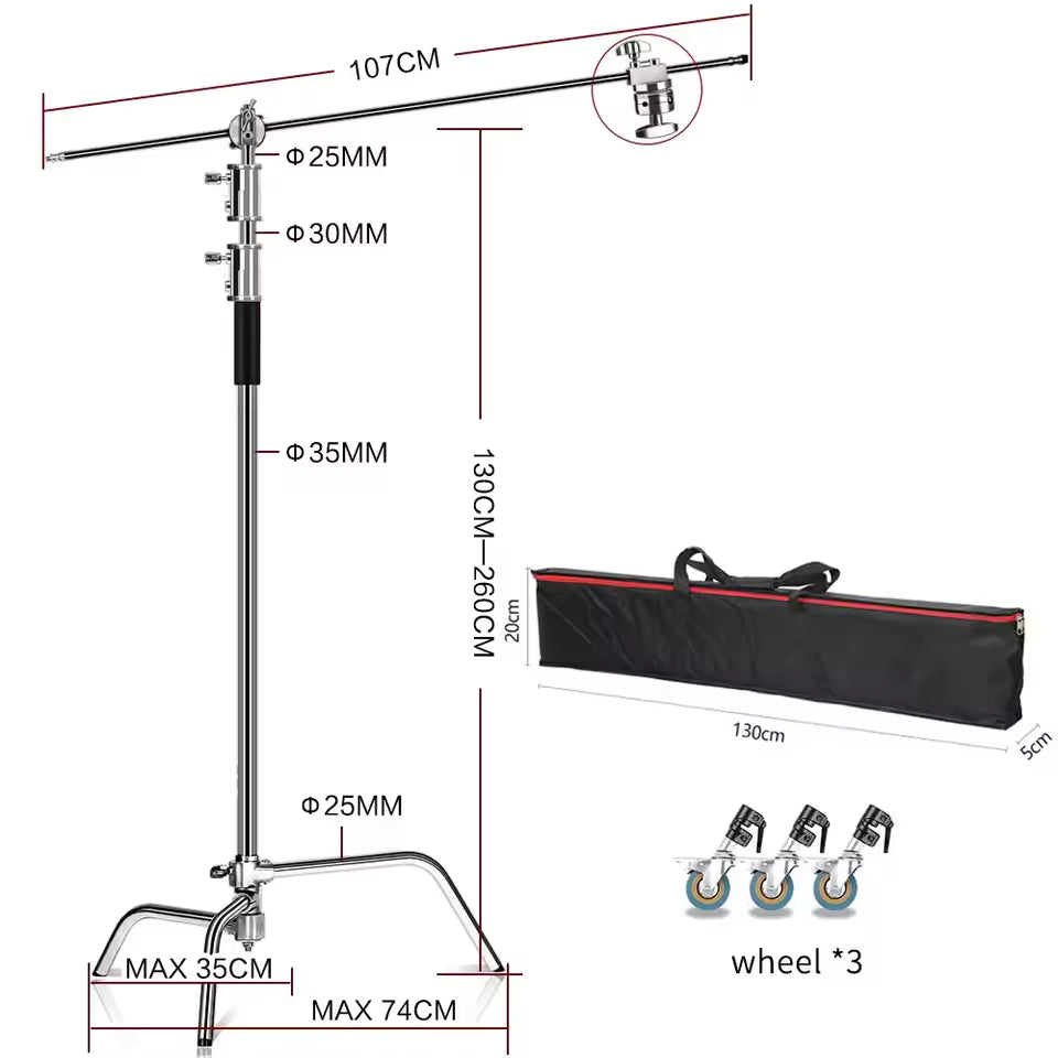 Professional Stainless Steel Heavy Duty C-Stand – 2.8-3.3m Studio Light Support with Tripod & Carrybag