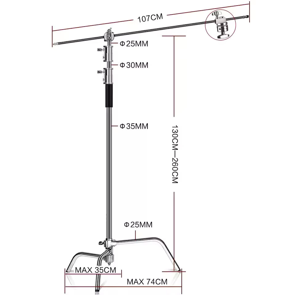Professional Stainless Steel Heavy Duty C-Stand – 2.8-3.3m Studio Light Support with Tripod & Carrybag