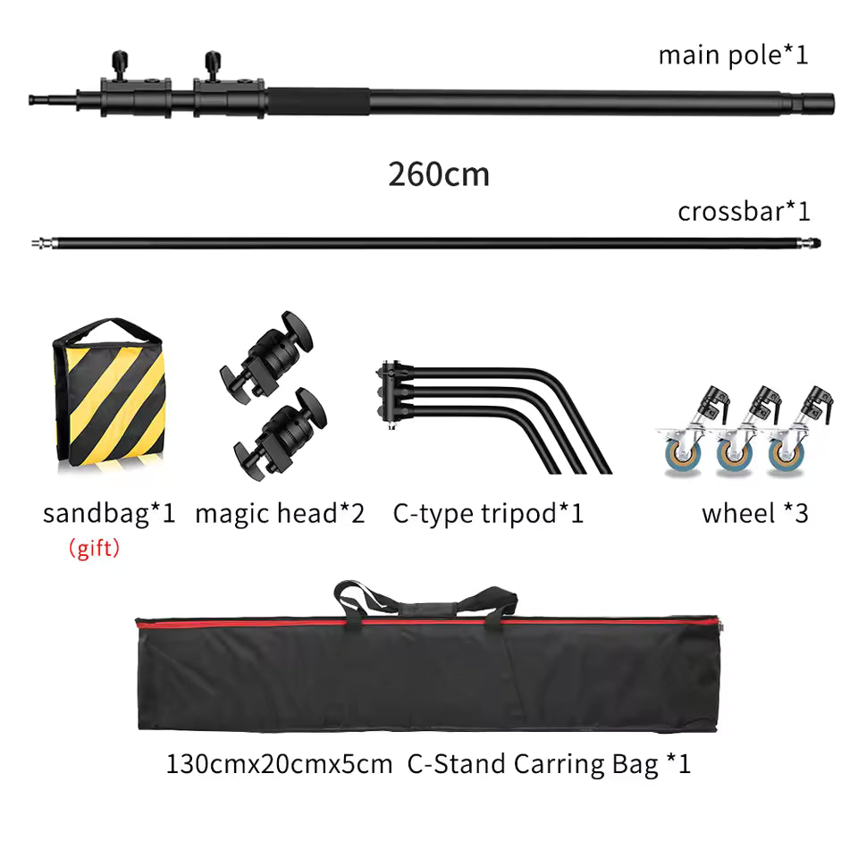 Professional Stainless Steel Heavy Duty C-Stand – 2.8-3.3m Studio Light Support with Tripod & Carrybag