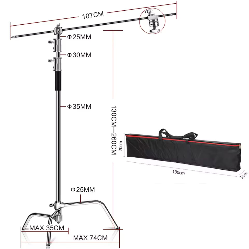 Professional Stainless Steel Heavy Duty C-Stand – 2.8-3.3m Studio Light Support with Tripod & Carrybag