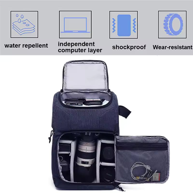 Waterproof Camera Backpack with Laptop Compartment & Tripod Holder