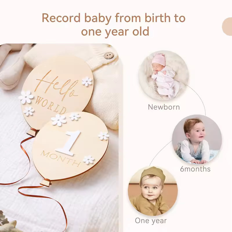 2Pcs Baby Wooden Balloon Milestone Cards Photography Props for Newborns