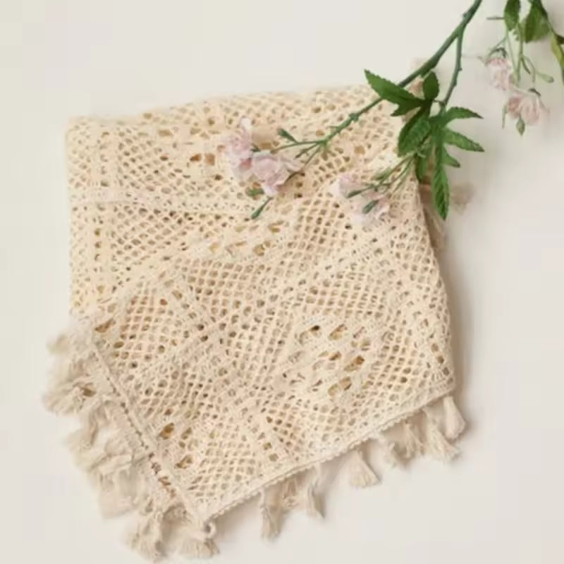 Newborn Photography Cotton Lace Blanket Mat Beige Tassel Wrap