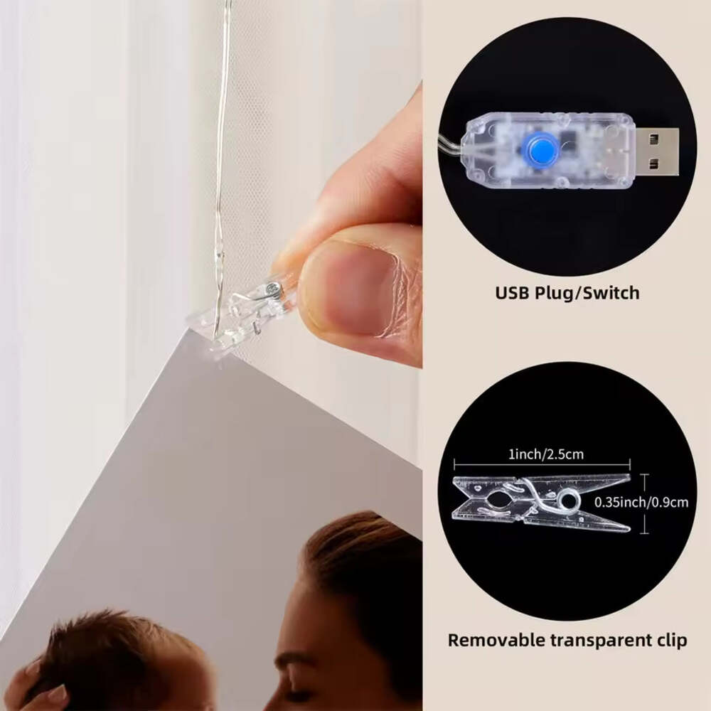 USB Photo Clip Curtain Fairy Lights with 20 Hooks & 8 Modes