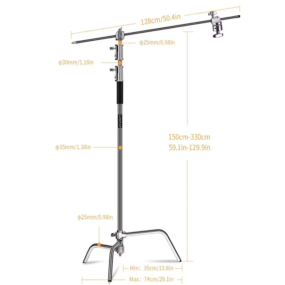 Professional Stainless Steel Heavy Duty C-Stand – 2.8-3.3m Studio Light Support with Tripod & Carrybag