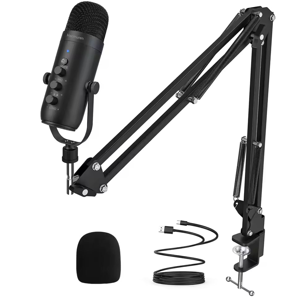 Haomuren USB Podcast Black Microphone Kit with Boom Arm – Cardioid Condenser Mic for Recording & Streaming