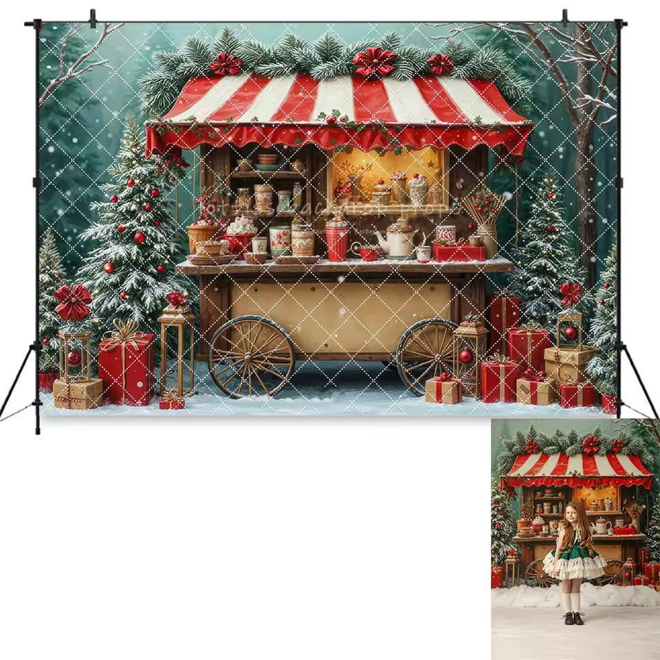 Snowy Hot Cocoa Cart Backdrop – Winter Photo Background for All Ages