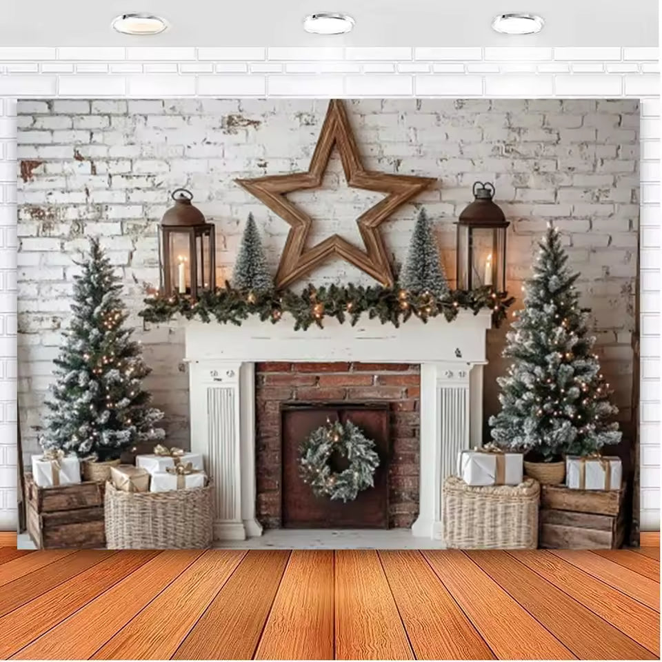 Christmas Fireplace & Wreath Backdrop – Holiday Photo Studio Decor
