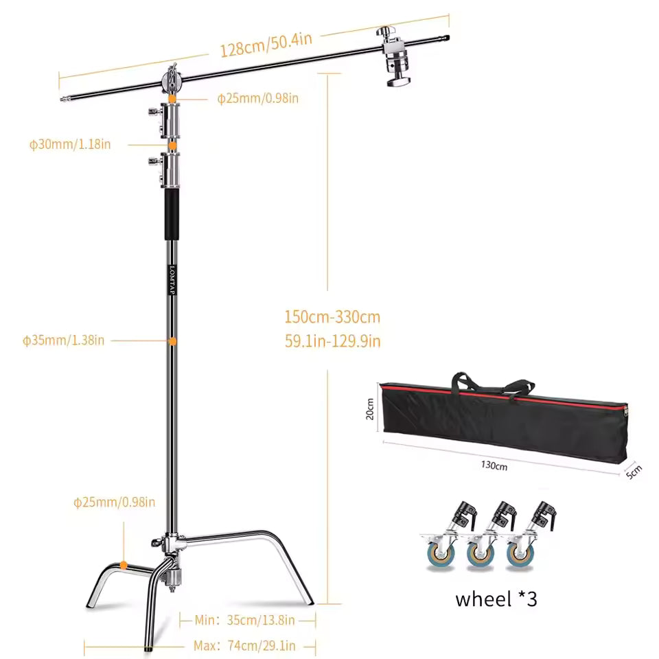 Professional Stainless Steel Heavy Duty C-Stand – 2.8-3.3m Studio Light Support with Tripod & Carrybag