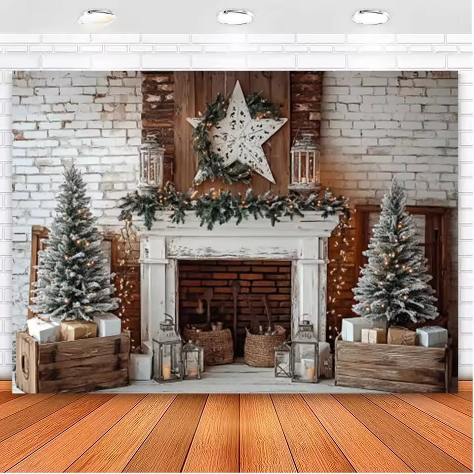 Christmas Fireplace & Wreath Backdrop – Holiday Photo Studio Decor