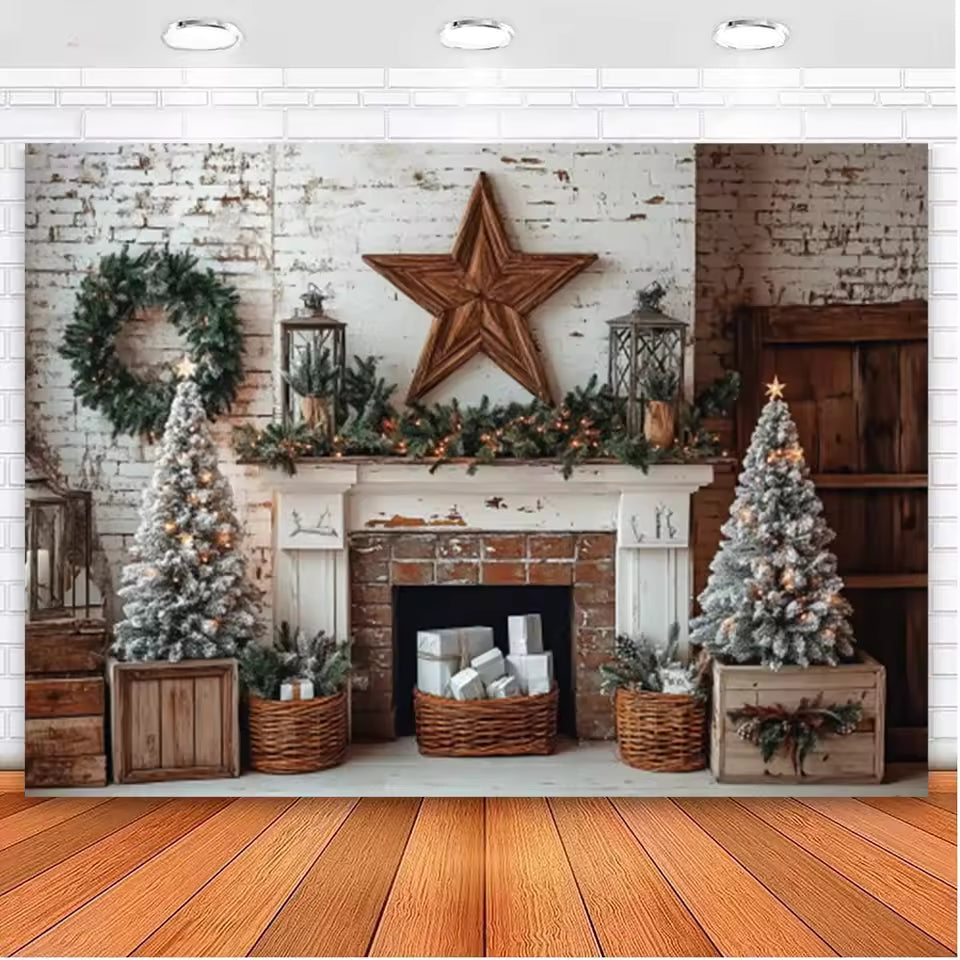 Christmas Fireplace & Wreath Backdrop – Holiday Photo Studio Decor