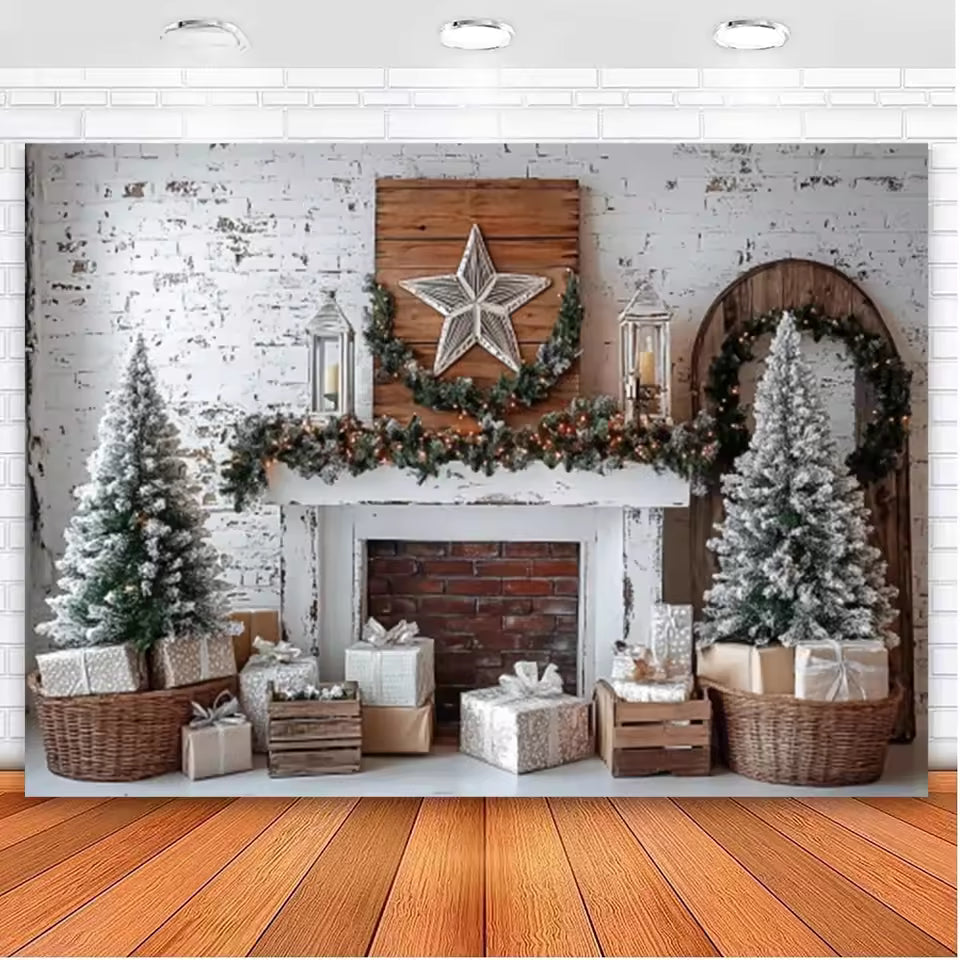 Christmas Fireplace & Wreath Backdrop – Holiday Photo Studio Decor