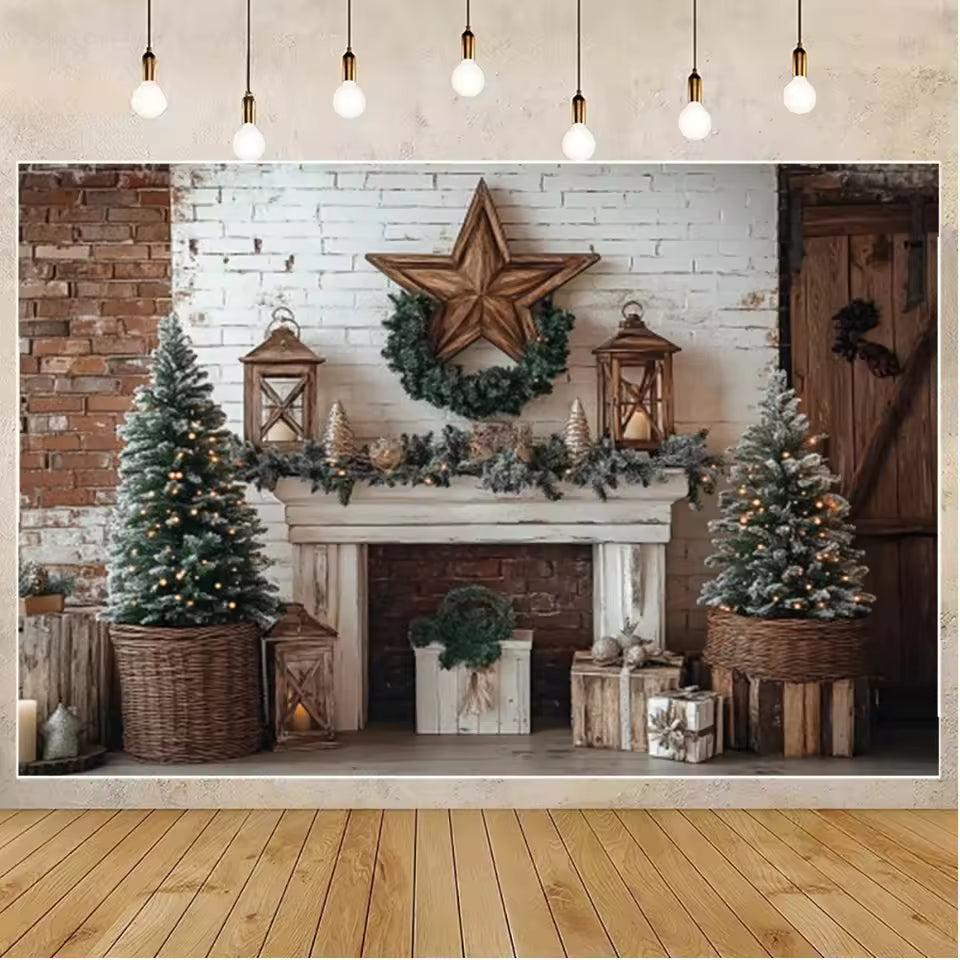 Christmas Fireplace & Wreath Backdrop – Holiday Photo Studio Decor