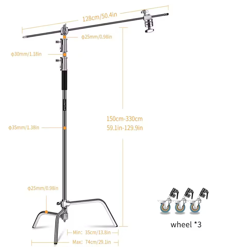 Professional Stainless Steel Heavy Duty C-Stand – 2.8-3.3m Studio Light Support with Tripod & Carrybag