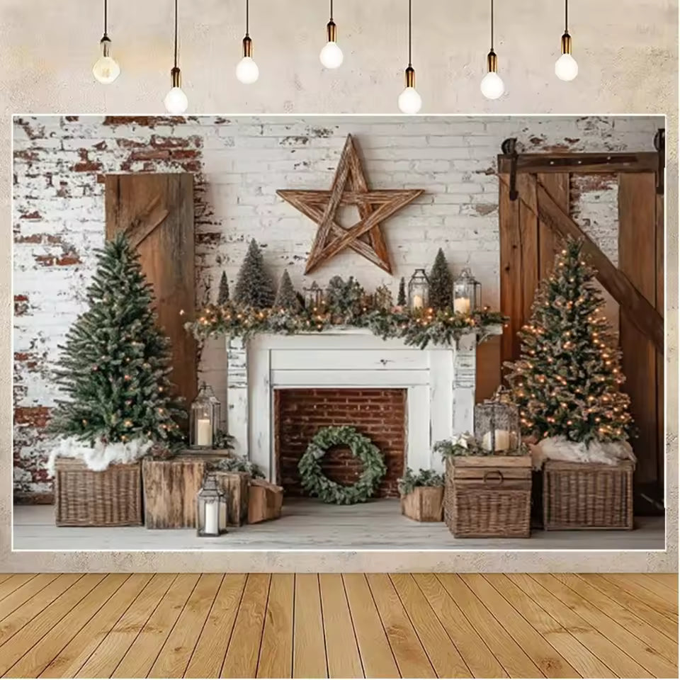 Christmas Fireplace & Wreath Backdrop – Holiday Photo Studio Decor