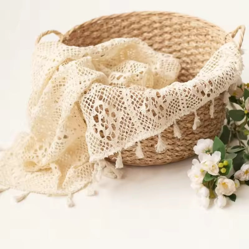 Newborn Photography Cotton Lace Blanket Mat Beige Tassel Wrap
