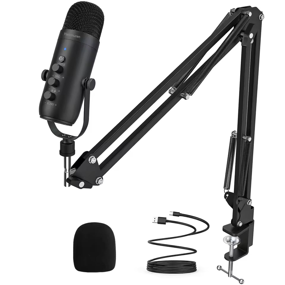 Haomuren USB Podcast Black Microphone Kit with Boom Arm – Cardioid Condenser Mic for Recording & Streaming