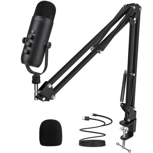 Haomuren USB Podcast Black Microphone Kit with Boom Arm – Cardioid Condenser Mic for Recording & Streaming