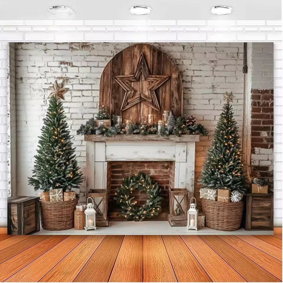 Christmas Fireplace & Wreath Backdrop – Holiday Photo Studio Decor
