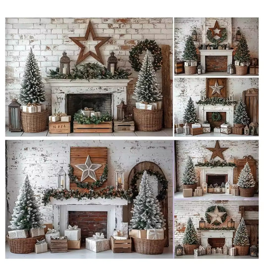 Christmas Fireplace & Wreath Backdrop – Holiday Photo Studio Decor