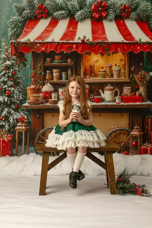 Snowy Hot Cocoa Cart Backdrop – Winter Photo Background for All Ages