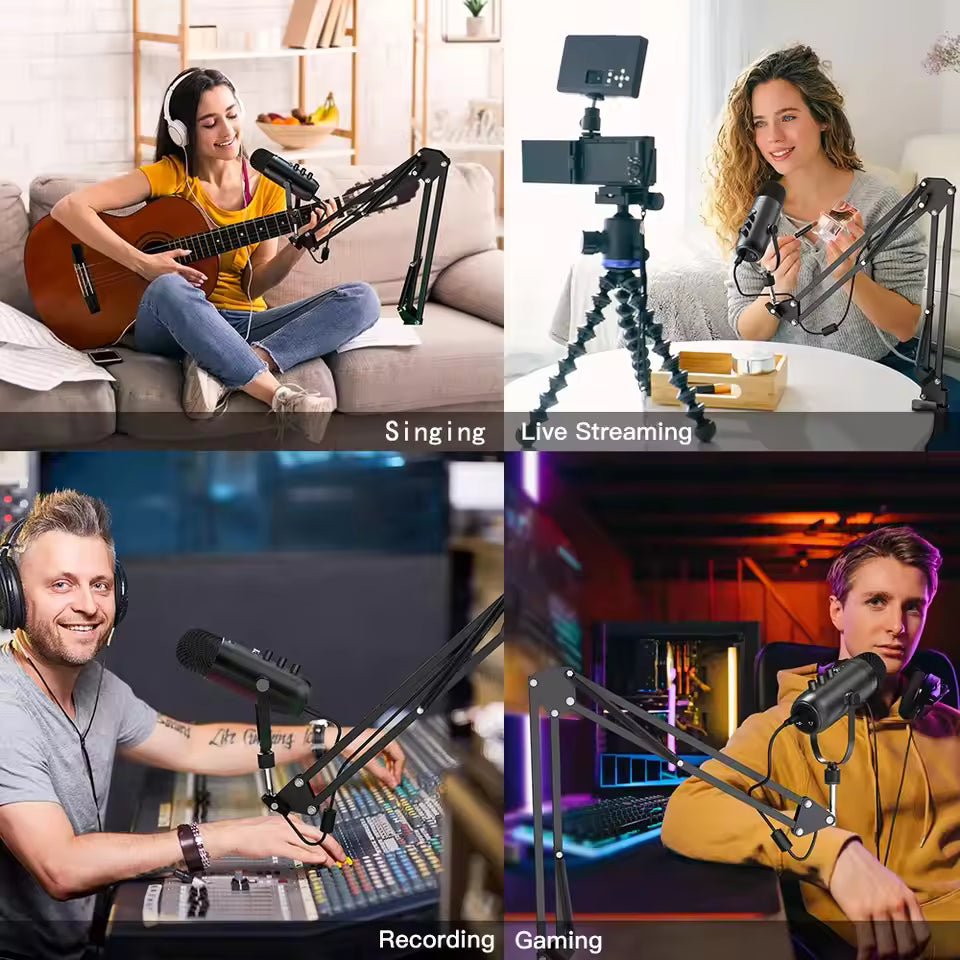 Haomuren USB Podcast Black Microphone Kit with Boom Arm – Cardioid Condenser Mic for Recording & Streaming