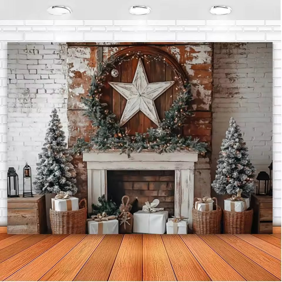 Christmas Fireplace & Wreath Backdrop – Holiday Photo Studio Decor
