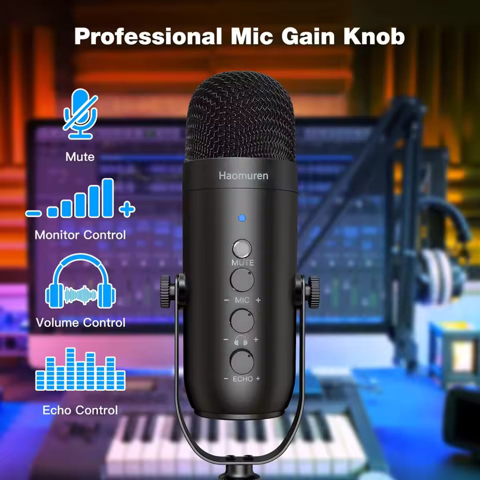 Haomuren USB Podcast Black Microphone Kit with Boom Arm – Cardioid Condenser Mic for Recording & Streaming