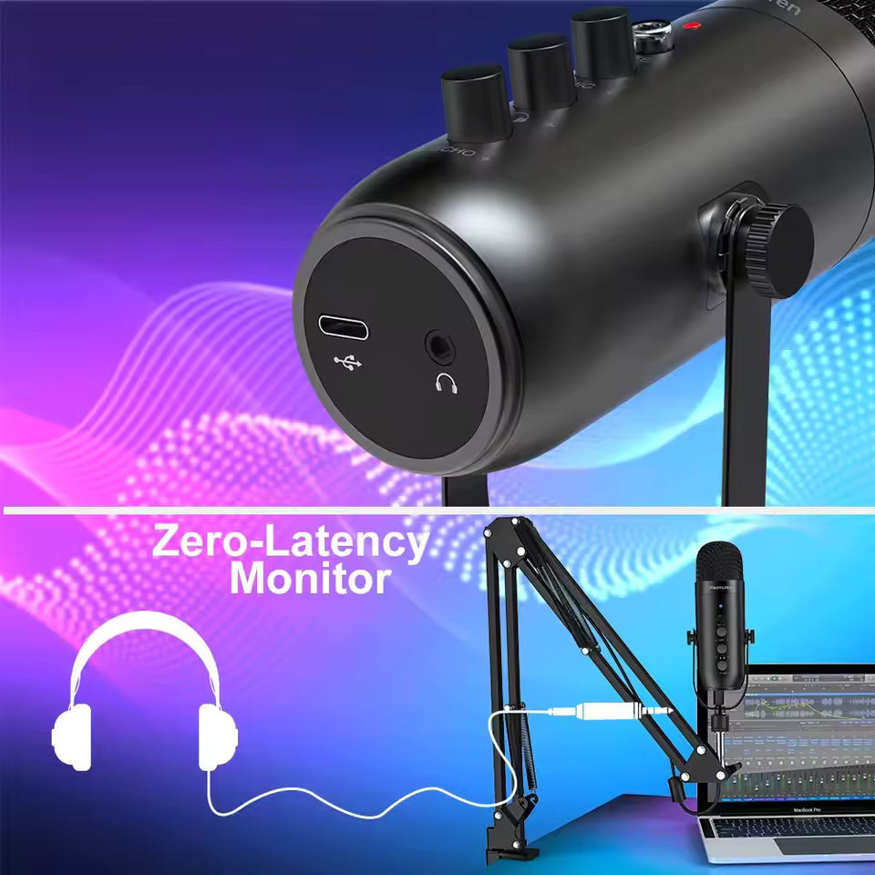 Haomuren USB Podcast Black Microphone Kit with Boom Arm – Cardioid Condenser Mic for Recording & Streaming