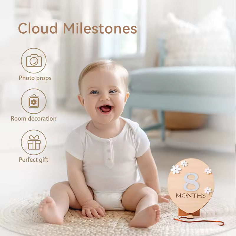 2Pcs Baby Wooden Balloon Milestone Cards Photography Props for Newborns