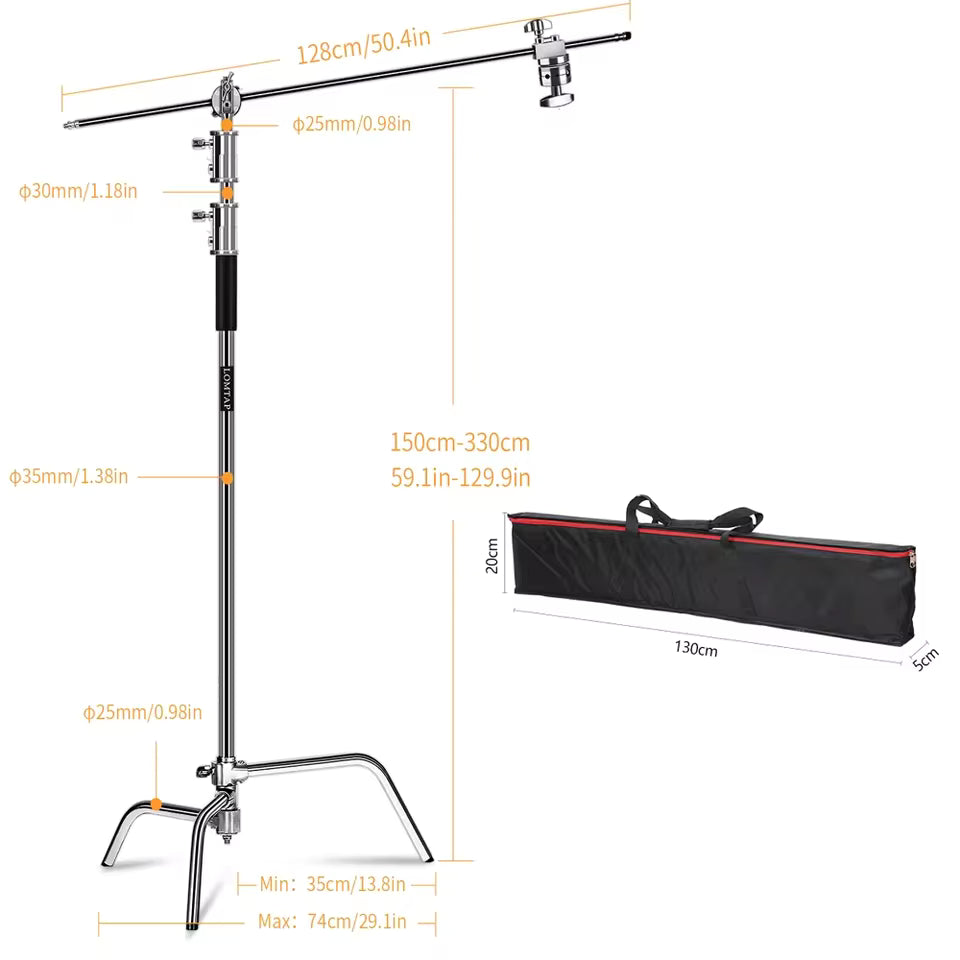 Professional Stainless Steel Heavy Duty C-Stand – 2.8-3.3m Studio Light Support with Tripod & Carrybag