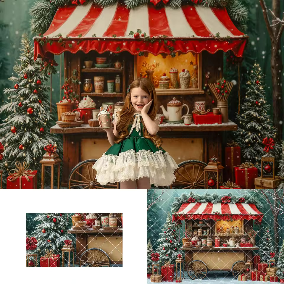 Snowy Hot Cocoa Cart Backdrop – Winter Photo Background for All Ages