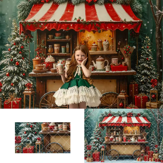 Snowy Hot Cocoa Cart Backdrop – Winter Photo Background for All Ages