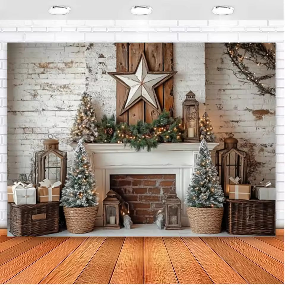 Christmas Fireplace & Wreath Backdrop – Holiday Photo Studio Decor