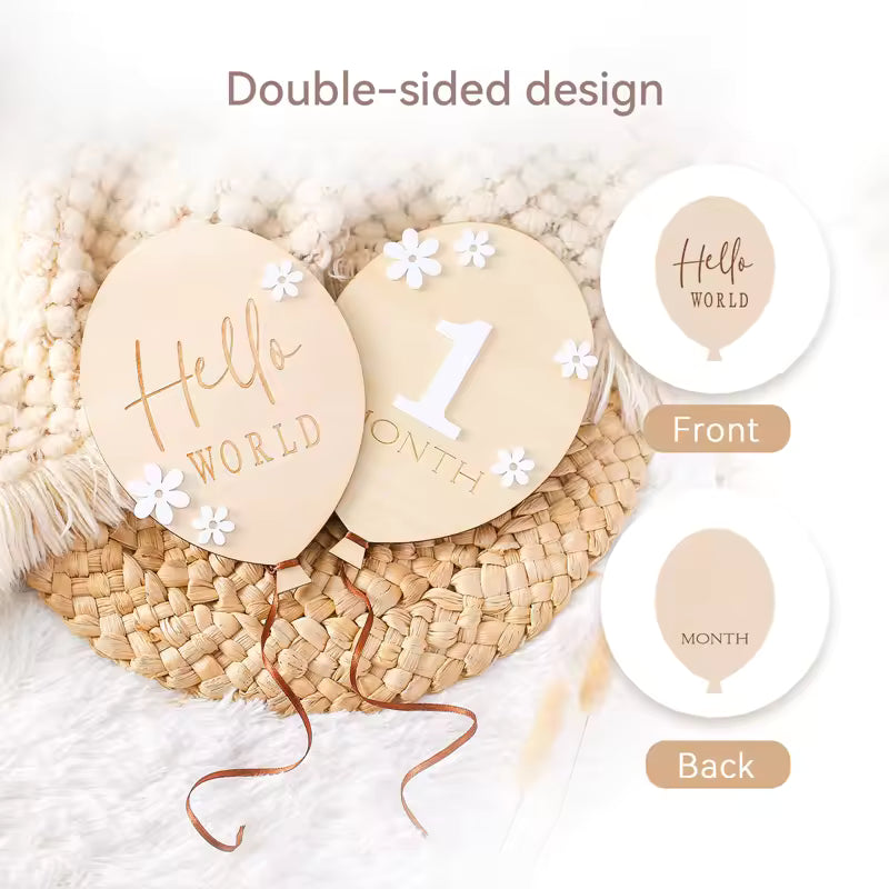 2Pcs Baby Wooden Balloon Milestone Cards Photography Props for Newborns