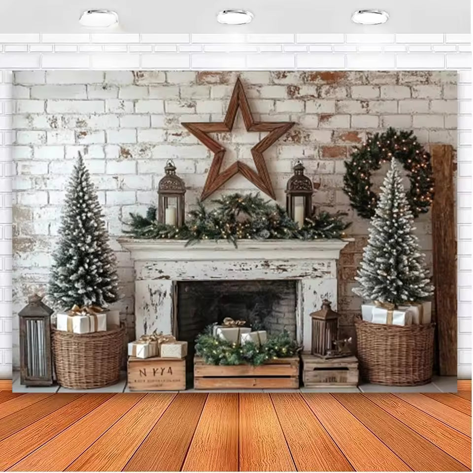 Christmas Fireplace & Wreath Backdrop – Holiday Photo Studio Decor