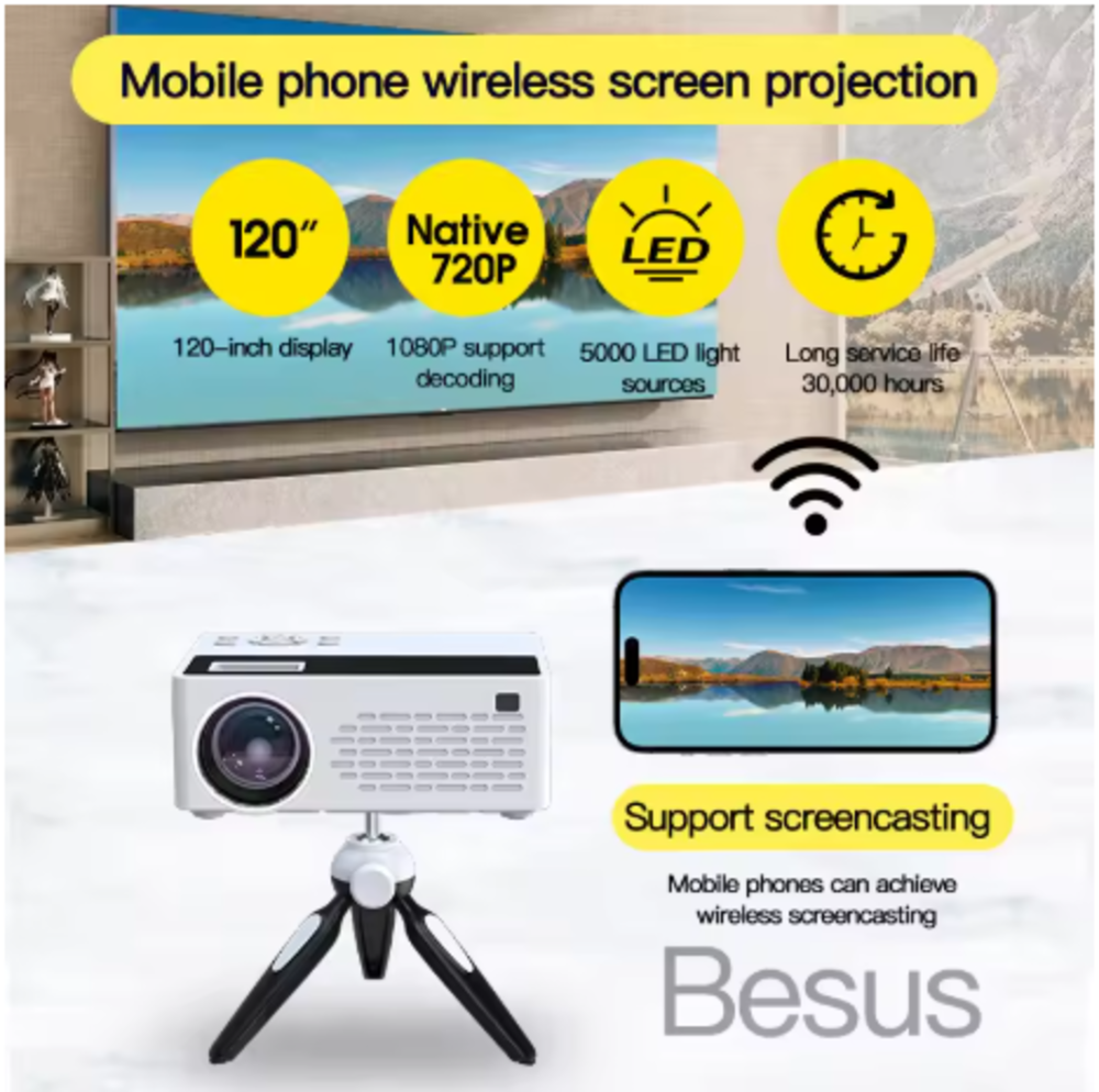 Besus J12C Mini Projector – 5000 Lumens 720P WiFi Portable HD