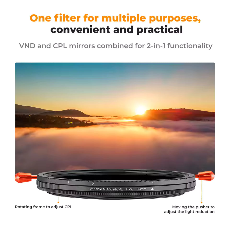 K&F Concept 2-in-1 Variable ND2–ND32 + CPL Filter 37–82mm Camera Lens