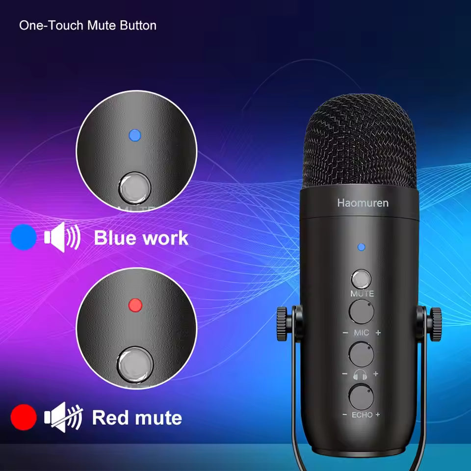 Haomuren USB Podcast Black Microphone Kit with Boom Arm – Cardioid Condenser Mic for Recording & Streaming