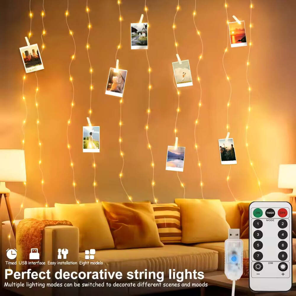 USB Photo Clip Curtain Fairy Lights with 20 Hooks & 8 Modes