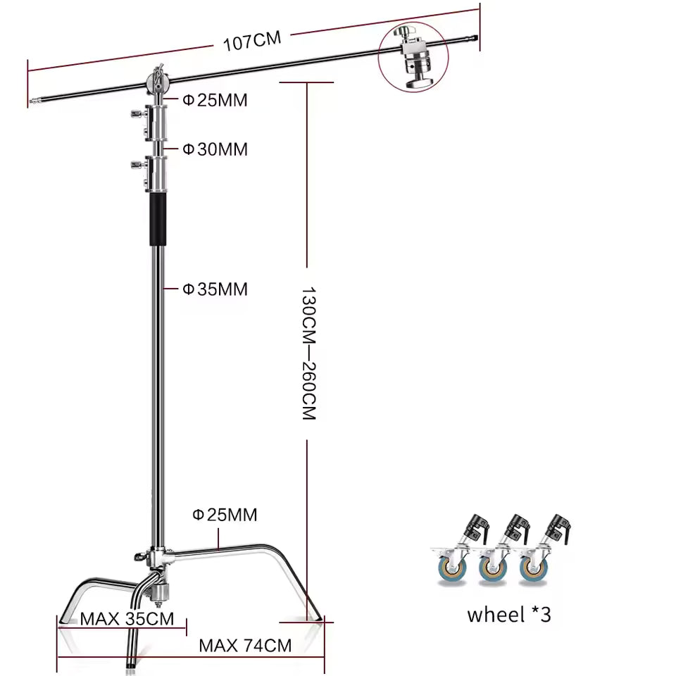 Professional Stainless Steel Heavy Duty C-Stand – 2.8-3.3m Studio Light Support with Tripod & Carrybag