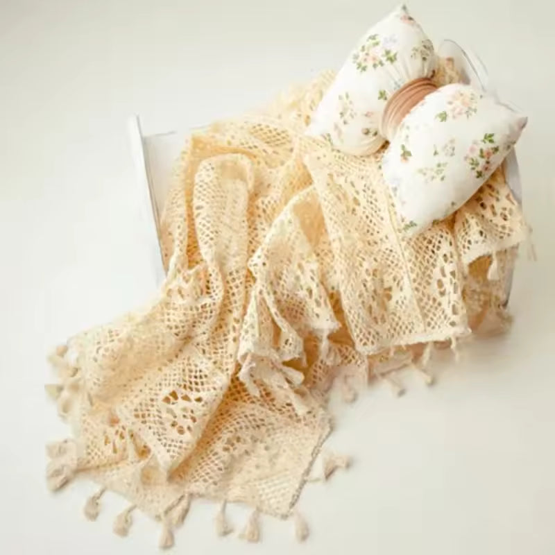 Newborn Photography Cotton Lace Blanket Mat Beige Tassel Wrap