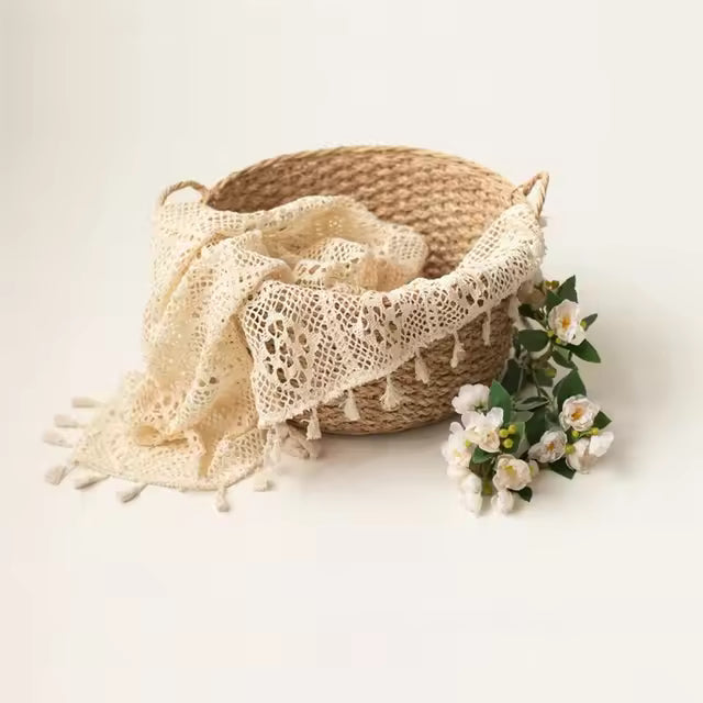 Newborn Photography Cotton Lace Blanket Mat Beige Tassel Wrap