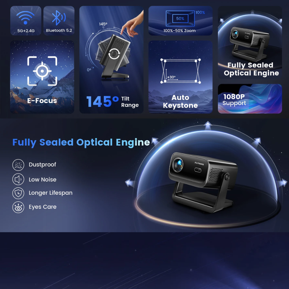 145° Adjustable Stand Mini Projector with WiFi, Bluetooth, 1080P Support
